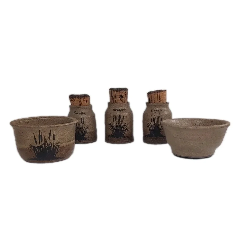 Signed Pottery 3 Spice Jars W/Cork Lids And 2 Bowls Artist P. Francis Vintage